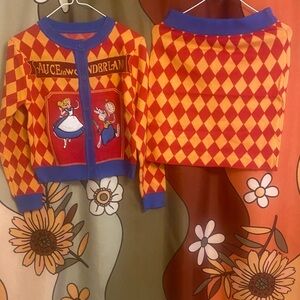 AUCE IN WONDBRLAND embroidered diamond pattern knit Cardigan and Skirt Set
